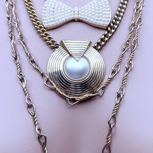 Monet Elegant Gold tone Lg Chain,MotherPearl , White Bow Tie (3)necklaces EUC